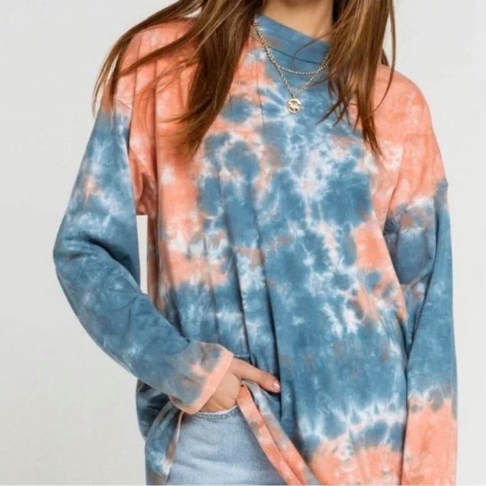 Free People - We The Free Tie Dye Blue Oversized Long Sleeve T Shirt Size XS